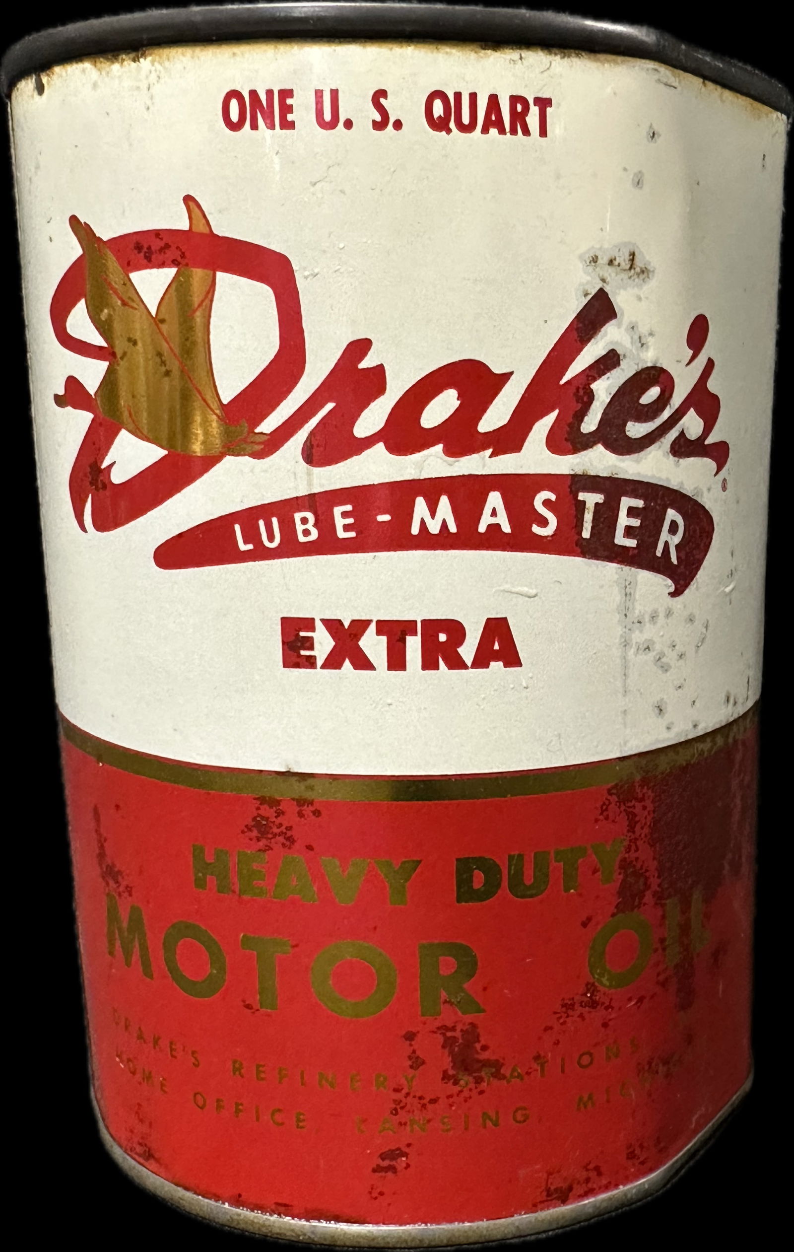 Full Drake's Lube-Master Extra Heavy Duty 1950s Motor Oil Quart Can Lansing Michigan: Full standard size quart. Nice original condition. Flat pressure dent on one side as shown.