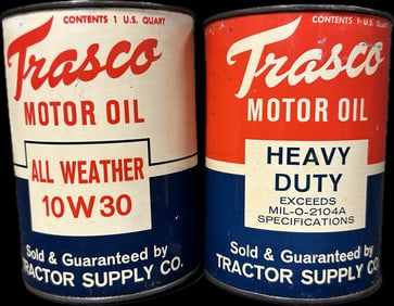 Pair Full 1960s Trasco All Weather & Heavy Duty Metal Quart Cans Tractor Supply Co