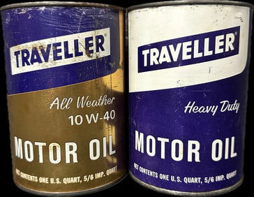 Pair Full 1950s Traveller Motor Oil All Weather 10W-40 & Heavy Duty Metal Quart Cans