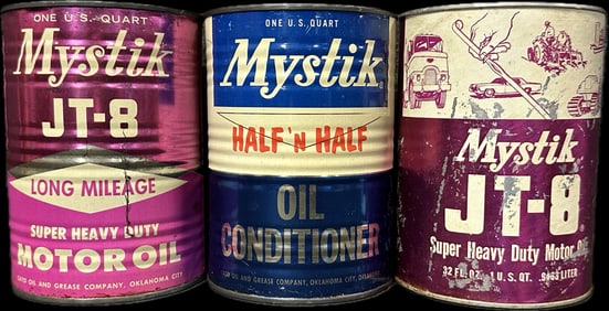 Lot 3 Full Original 1950s-60s Mystik JT-8 Half 'N Half Metal & Composite Quart Cans