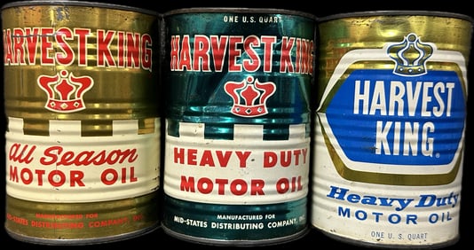 Lot 3 Full Original Harvest King All Season & Heavy Duty Metal Quart Cans by Mid-States Distributing