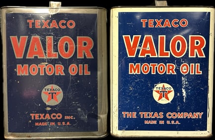 Pair Original 1940s Texaco Valor Motor Oil 2 Gallon Cans White & Silver Variety