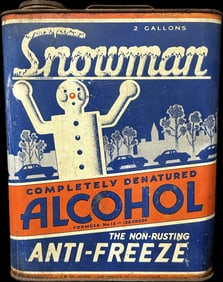 1934 Snowman Anti-Freeze Denatured Alcohol 2 Gallon Can by Windsor Lloyd Philadelphia Pa w/ Paper