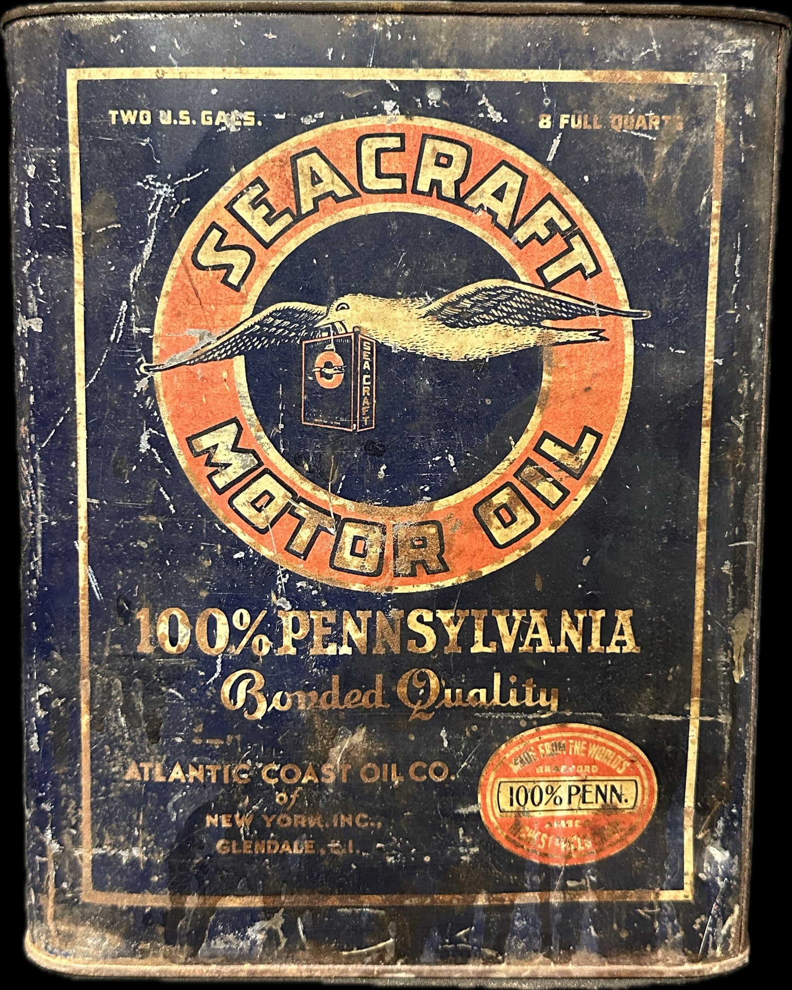 Seacraft Motor Oil 2 Gallon Can by Atlantic Coast Oil Co New York 100% Penn w/ Seagull: Great original 2 gallon that shows obvious signs of wear and missing the lid.
