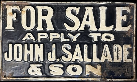 Antique For Sale Apply To John J Sallade & Son Tin Embossed Ca 1930s Sign