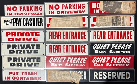 Large Lot 18 NOS 1960s Tin Metal Advertising Signs: Private Drive No Parking Rear Entrance & More
