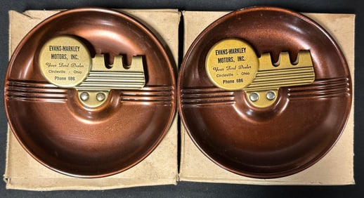 Pair 1940s NOS Evans-Markley Motors Ford Dealer Circleville Ohio Ashtrays w/ Orig Boxes