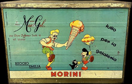 Scarce Original 1930s Pinocchio & Geppetto Morini Tin Litho Ice Cream Store Display Box