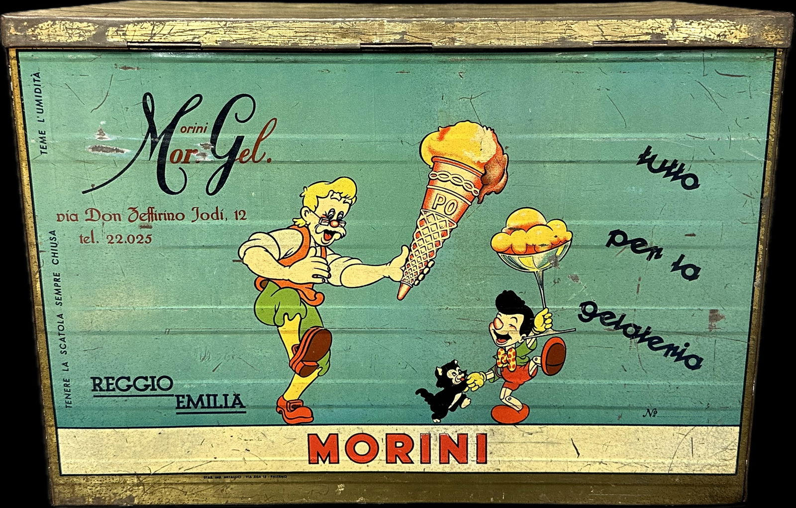 Scarce Original 1930s Pinocchio & Geppetto Morini Tin Litho Ice Cream Store Display Box (1 of 13)
