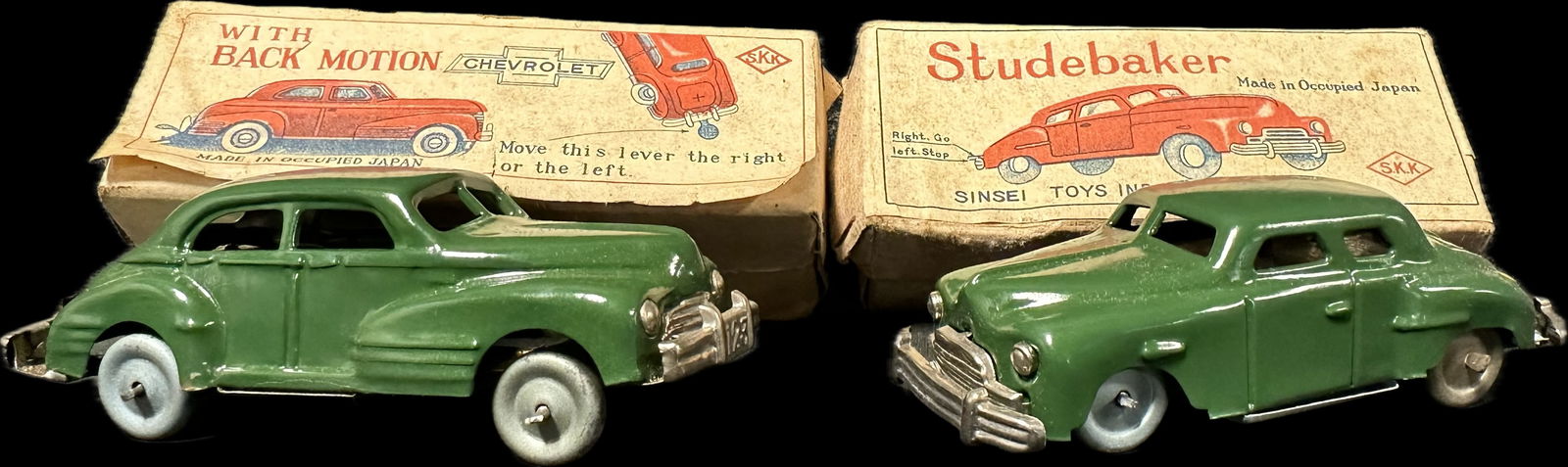 Pair 1940s Chevrolet & Studebaker Original Sinsei Toys S.K.K. Tin Windup Cars w/ Original Boxes (1 of 20)