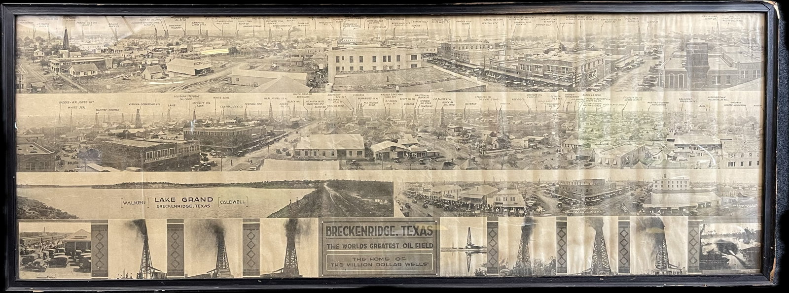 Incredible 1920s 4' Panoramic Sepia Tone Photograph Breckenridge Texas World's Greatest Oil Field: 49" x 18.25" frame - most incredible yardlong photograph we have had in some time depicting the oil field boomtown of Breckenridge Texas.