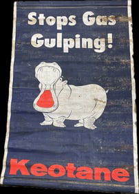 1960s Keotane Stops Gas Gulping Hippo Advertising Service Station Canvas Banner Sign