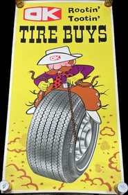 8' Tall Original 1950s OK Rootin Tootin Tire Buys Thick Paper Advertising Service Station Banner