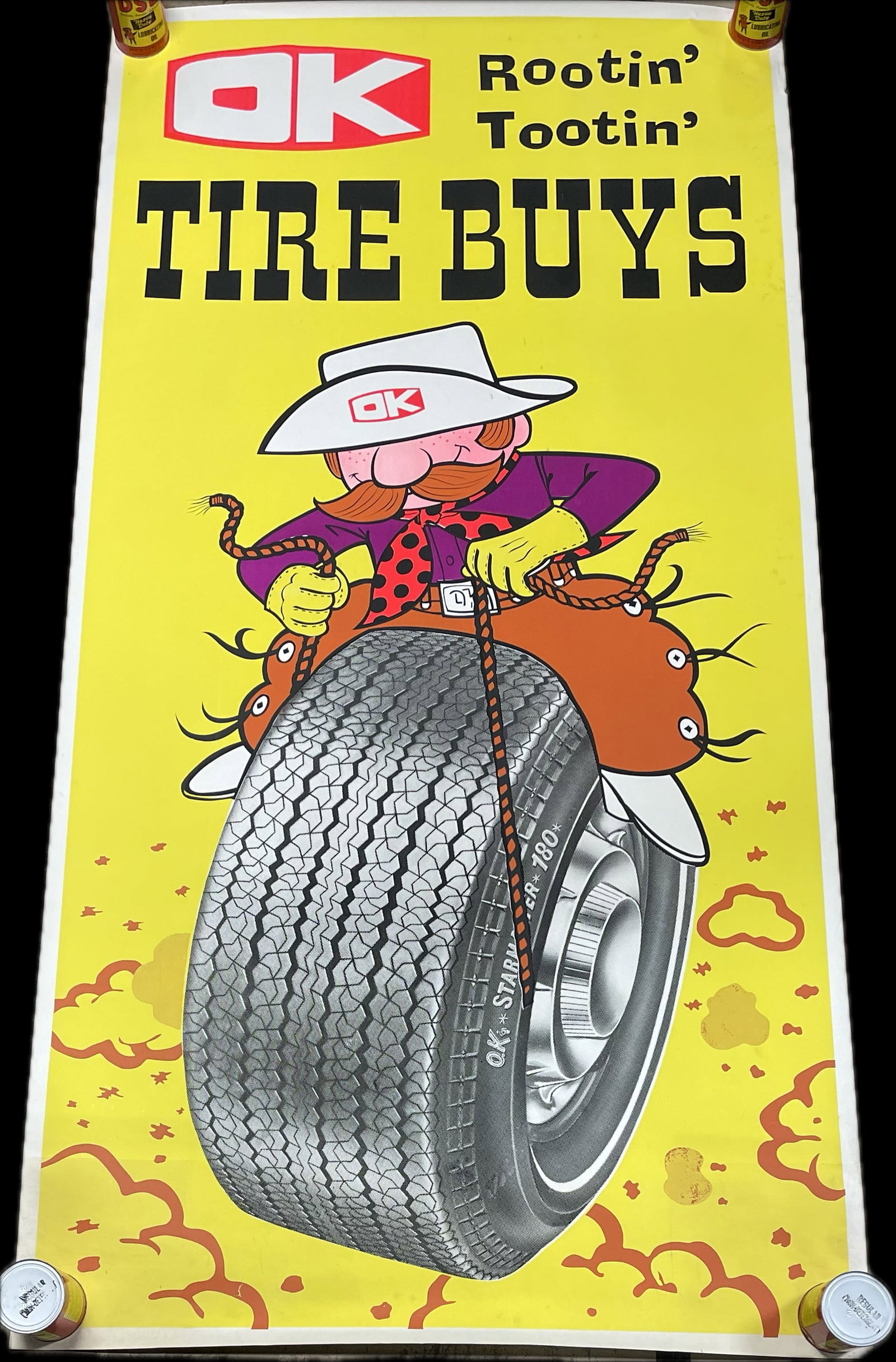 8' Tall Original 1950s OK Rootin Tootin Tire Buys Thick Paper Advertising Service Station Banner: 48.5" x 96.5"
