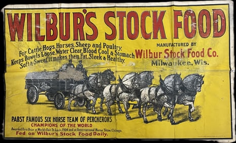 Antique 1910s Wilbur's Stock Food Milwaukee Wisconsin Original Canvas Banner Advertising Sign