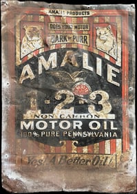 Rare Antique Amalie Motor Oil Non Carbon Embossed Advertising Sign w/ Bulldog & Cat