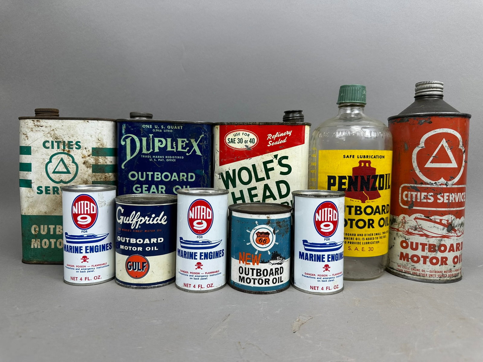 Lot 10 Original Outboard & Marine Related Quart Cans: See all photos for condition