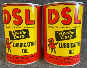 Pair Full DSL Davis Howland Heavy Duty Lubricating Oil Metal Quart Cans Rochester New York