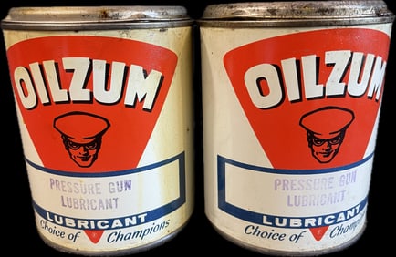 Pair NOS Oilzum 2 LB Pressure Gun Lubricant Grease Can w/ Oswald - Full