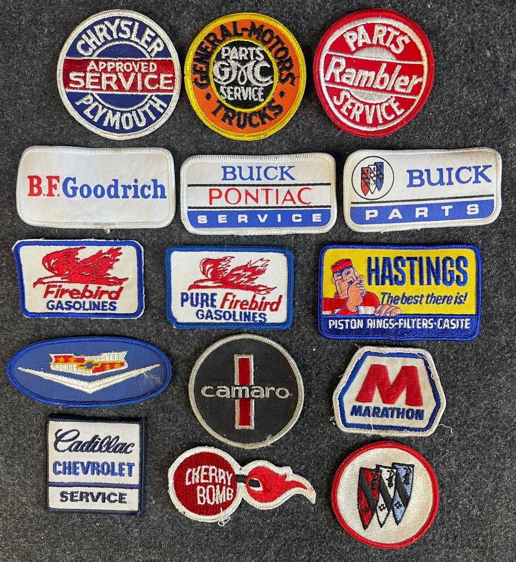 Lot 15 Original NOS Sew On Automotive Patches Chrysler GMC Rambler Chevrolet Firebird Pure Buick &: 2.75" to 4.25" in varying sizes