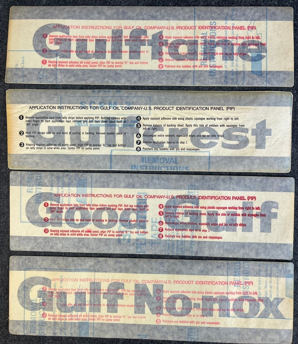Lot 4 NOS Gulftane Gulfcrest Good Gulf & No-Nox Original Gas Pump Decals: 14" x 4" - nos