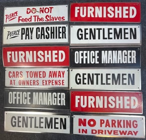 Lot 12 NOS Original 1960s Painted Metal Advertising Signs Please Do Not Feed The Slaves & More