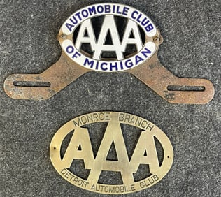 Pair AAA of Michigan Automobile Club Porcelain License Plate Topper & Brass Monroe Detroit Club