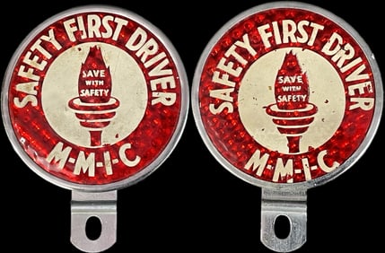 Pair 1940s Safety First Driver MMIC Reflective Metal License Plate Toppers