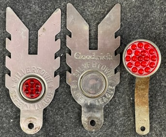 Lot 3 Original 1930s Metal Goodrich Silvertown Safety League Reflective License Plate Toppers