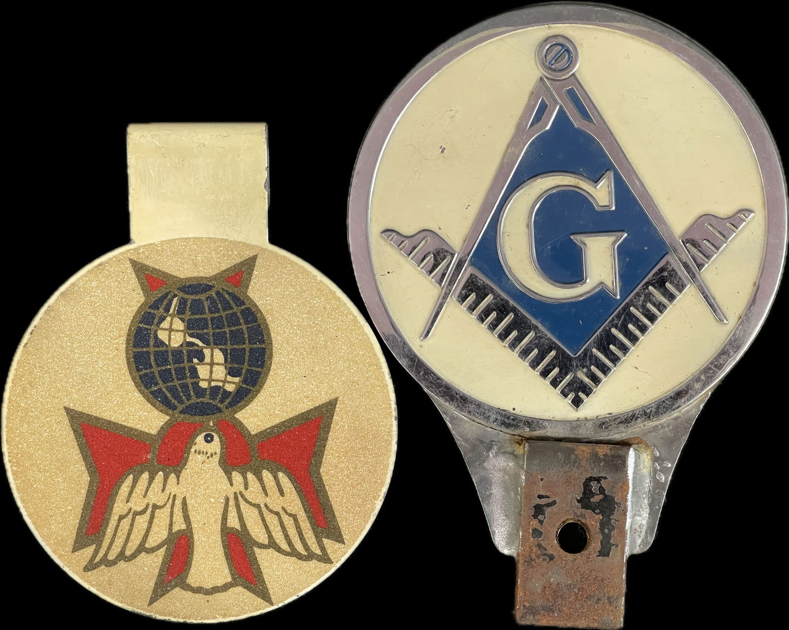 Pair Masonic & Oddfellows Reflective Painted Metal License Plate Toppers (1 of 6)