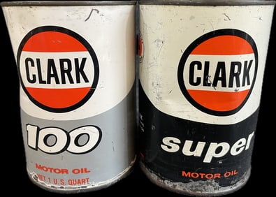 Pair Full Clark 100 & Super Motor Oil Metal Quart Can Cans