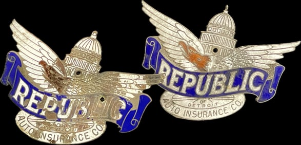 Pair Republic Auto Insurance of Detroit Radiator Enamel Car Badge Topper