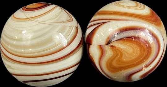 Pair Original 1930s Caramel Brown, Orange & Red Marble Crazy Swirl Gear Shift Knobs