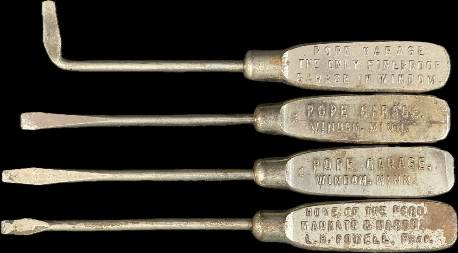 Lot 4 1920s Pope Garage and Ford Mankato & Marsh Windom Minnesota Metal Advertising Screwdrivers: 7.5" to 8" long x 1 roughly