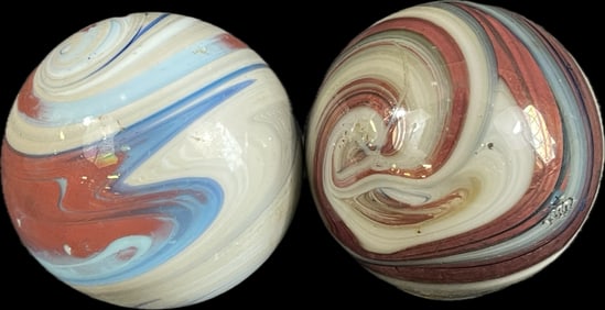 Pair Incredible Early 1920s-30s Blue Red Black & Cream Swirl Marble Glass Shift Knobs