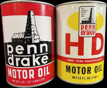 Pair Full Penn Drake & HD Motor Oil Metal Quart Cans - High Grade Condition