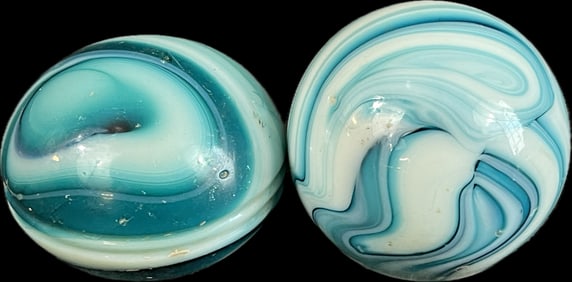Pair Incredible Aqua Blue & White Swirl Marble 1930s Shiftknobs
