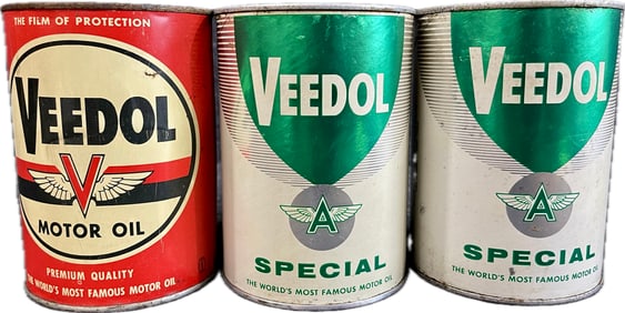 Lot 3 Original Veedol Flying V & A Full Composite & Metal Quart Cans
