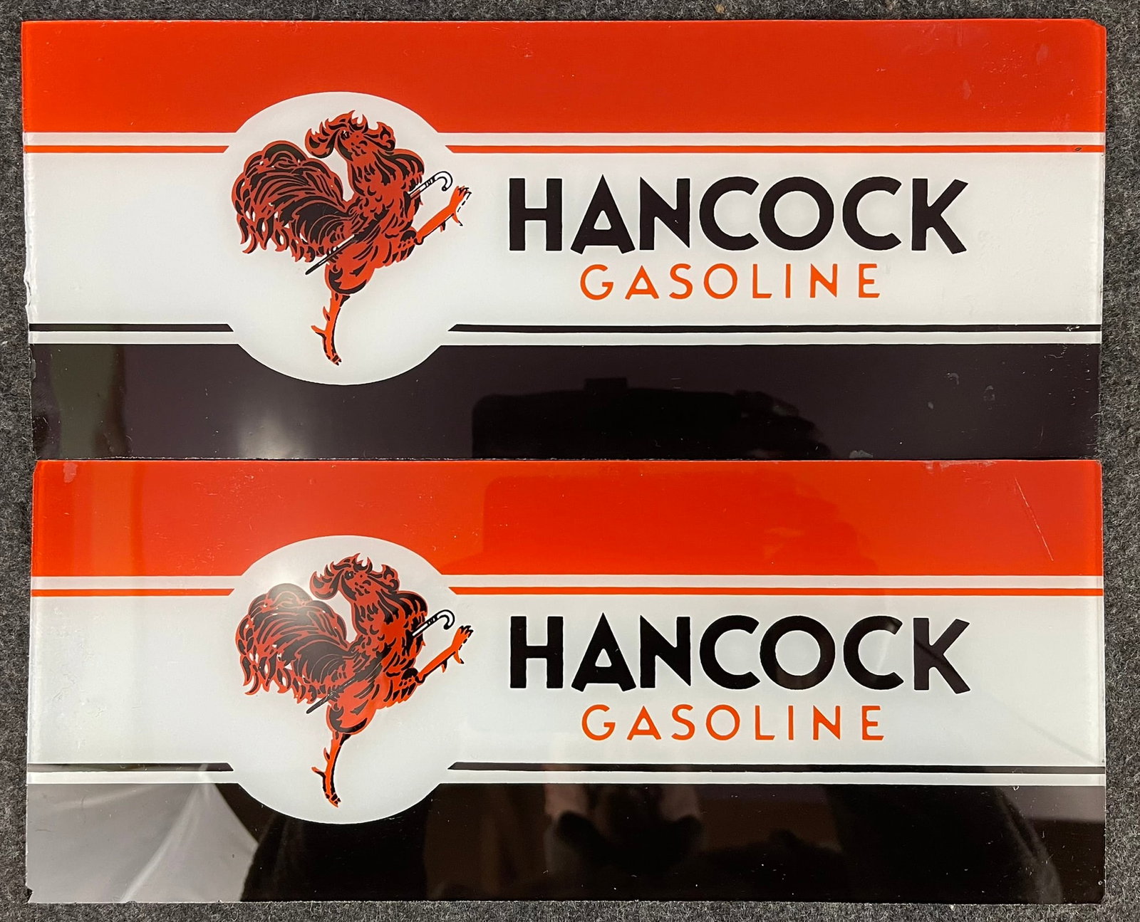 Pair Hancock Gasoline Gas Pump Sign Glass Insert Panels: 12.75" x 5.5" - no major wear as shown. See all photos.