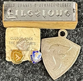 Lot 5 Original 1950s Firestone Items: Key Fob Printing Plate & 10K Gold 5 10 15 Year Employee Pins