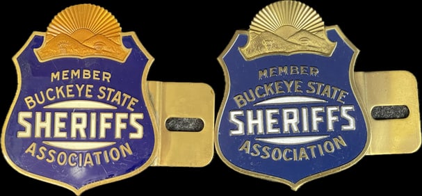 Pair 30s 40s Member Buckeye State Sheriffs Association Brass & Enamel License Plate Toppers
