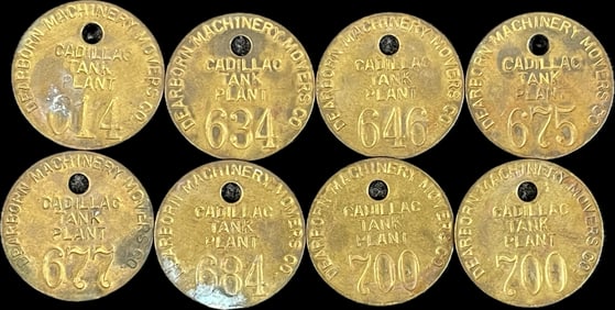 Scarce Lot 8 Original WW2 1940s Cadillac Plant Tank Building Brass Metal Factory Tags