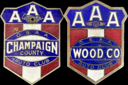 Pair Champaign & Wood OSAA AAA Champaign County Auto Club AAA Enamel License Plate Toppers
