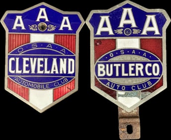 Pair Cleveland & Butler OSAA AAA Champaign County Auto Club AAA Enamel License Plate Toppers