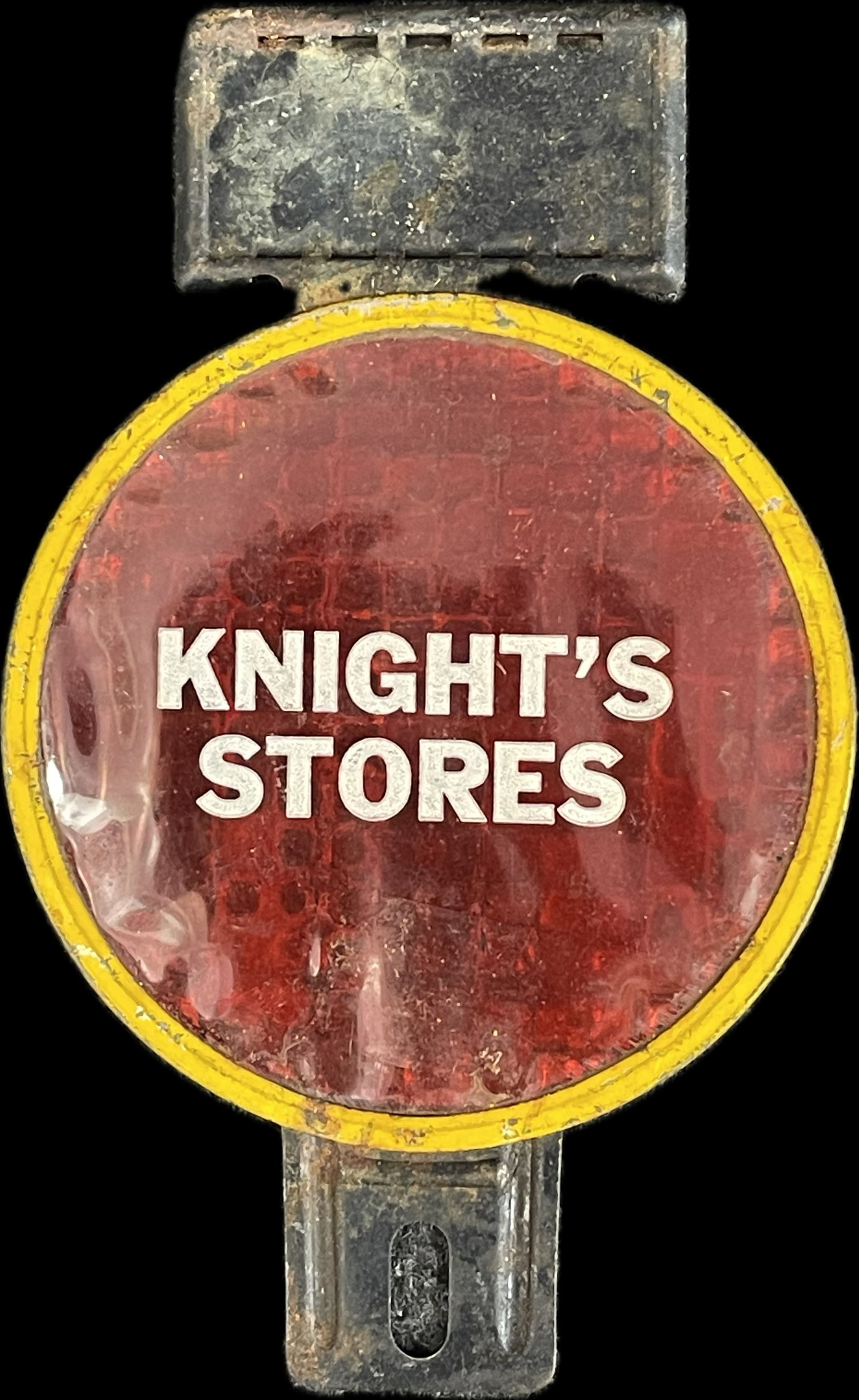 1930s-40s Knight's Stores Reflective Tin Metal License Plate Topper: 6.5" x 4"