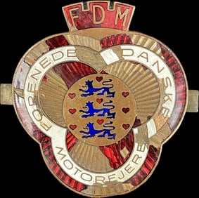 Vintage Forenede Danske Motorejere FDM Federation Danish Motorists Enamel 1920s Car Badge