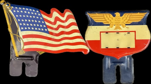 Pair Vintage 1950s Tin Metal Advertising Patriotic 48 Star American Flag License Plate Toppers