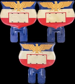 Lot 3 NOS American Eagle Flag Red White Blue Tin Metal Painted Advertising License Plate Toppers
