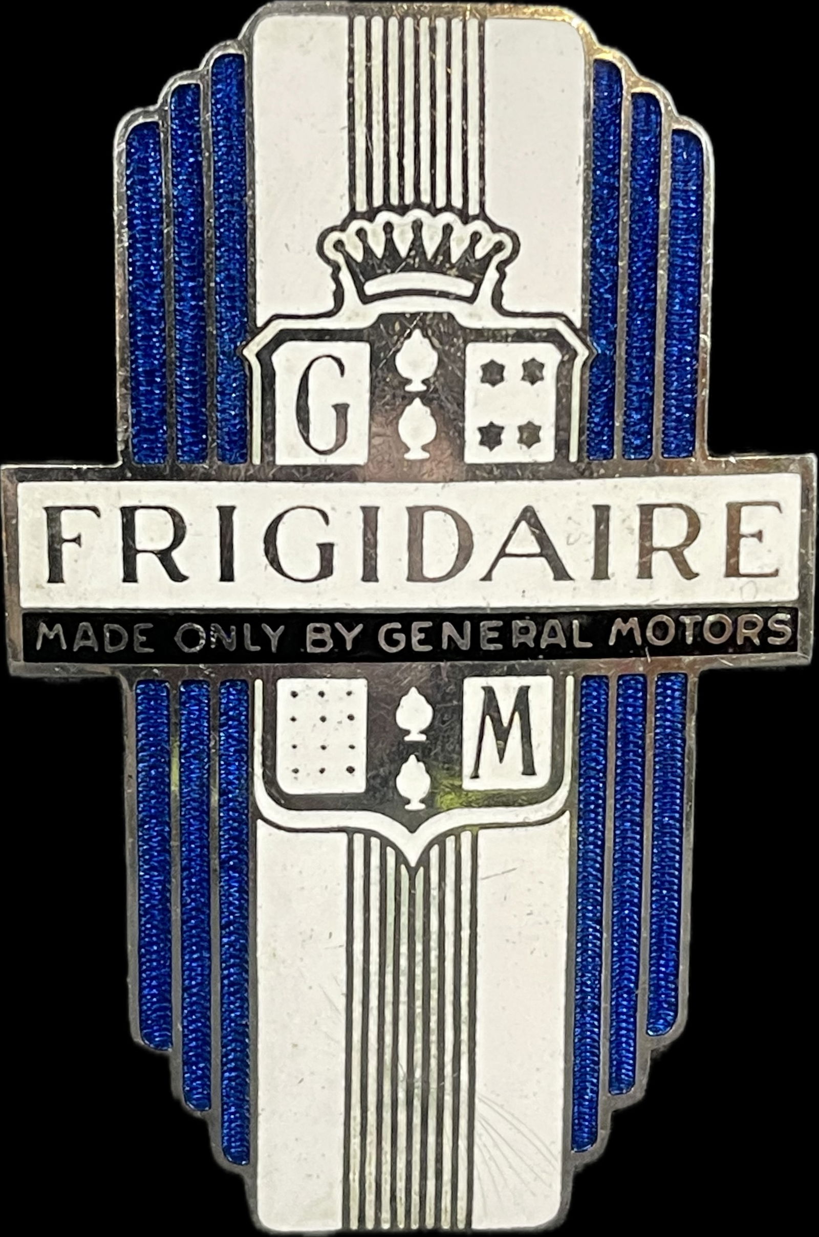 General Motors Fridgidaire 1930s High Grade Enamel Refrigerator Badge GM Detroit: 4.5" x 2.75"