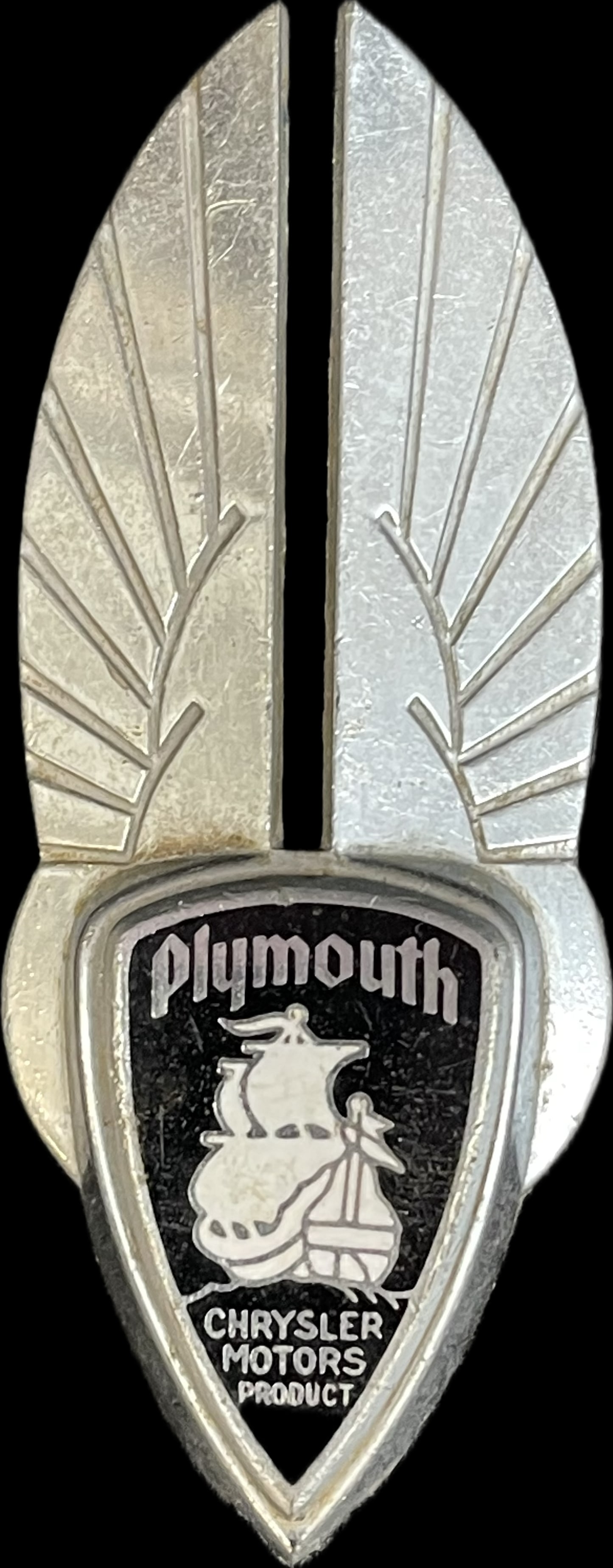 1936 Plymouth Chrysler Chrome Grille Enamel Badge Hood Ornament Spread Wings: 4.75" x 2" - see all photos - great high grade badge.